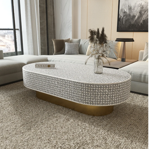 Mesa de centro rectangular con incrustaciones de hueso en blanco y negro, decorada con motivos de enredaderas ornamentales y dos cajones frontales. Al por mayor. - Product Image 5