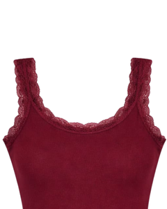 Camisola de Algodón Personalizada para Mujer, Color Borgoña, con Ribete de Encaje, Corte Ajustado, Sin Mangas, Estilo Casual de Verano, Suave, Transpirable y Básico - Product Image 4