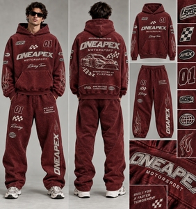<b>Men's</b> <b>Burgundy</b> Motorsport <b>Hoodie</b> Sweatpants Tracksuit Set One Apex Racing Streetwear Two-Piece Matching Casual Jogger Outfit - Product Image 5