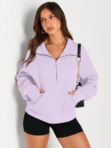 Sweat-shirt à col zippé pour femme, coupe oversize, en polaire lavande, lilas et violet, avec col demi-zippé et poche kangourou - Product Image 5