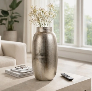 Jarrón Metálico Moderno Hecho a Mano en Plata y Bronce, Recipiente Ovalado Texturizado para Flores, Centro de Mesa de Lujo para Sala de Estar, Adorno de Mesa - Product Image 2
