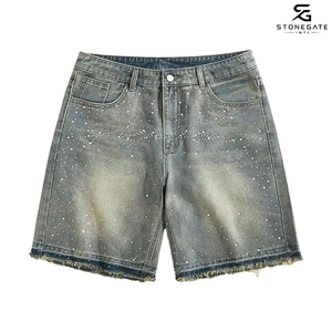 Shorts en jean droits pour hommes, taille haute, style streetwear décontracté, 100 % coton, délavés, pour l'été 2026 - Product Image 1