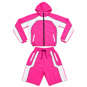 Men's Contrast Panel Windbreaker and Shorts Set Zip Front Hooded Sportswear for Training Activities - Product Image 3