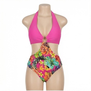 Maillot de bain une pièce pour femme, col halter, imprimé floral, taille haute, découpé, extensible, style bikini - Product Image 1