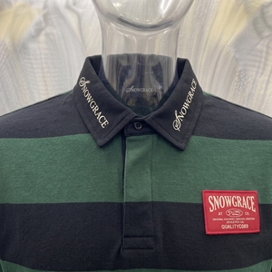 เสื้อเบสบอลแขนยาวลายทาง Snowgrace ปักโลโก้ คอปกพับได้ ทรงปกติ เสื้อผ้าผู้ชาย - Product Image 6