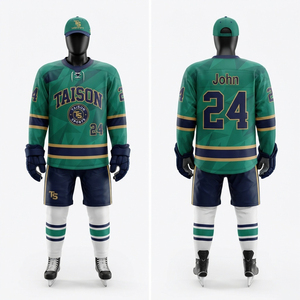 Ensemble d'uniformes de hockey sur glace en polyester respirant 200 GSM de qualité supérieure, vert, bleu marine, or, avec logo personnalisé en twill sublimé et motif géométrique - Product Image 1