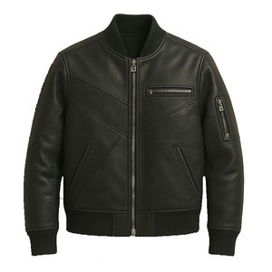 <b>Mens</b> Brown genuine Leather Bomber <b>Jacket</b> Moto Biker Style Stand Collar Zipper Closure Regular Fit Solid Color four season Wear - Product Image 3