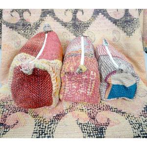 100% Pure Cotton Kantha Fabric Tassel Pattern Zipper Closure Eco-Friendly Durable Large Makeup Bag <b>Pouch</b> Set Soft Handle - Product Image 3