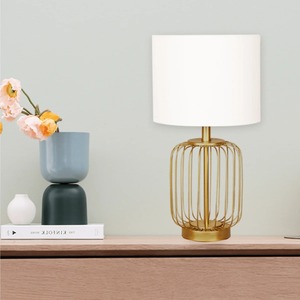 Modern Gold Metal Eco-Friendly KS International Table Lamp Fabric <b>Drum</b> Shade Bedside Desk Light <b>for</b> Bedroom Living Room - Product Image 4