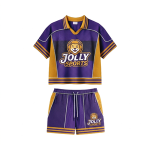 ชุดเสื้อเจอร์ซีย์ตาข่ายผู้ชาย 160 GSM สีม่วงทอง แต่งลายปักแบบ Sublimation พร้อมปักโลโก้ทีมตามสั่ง ชุดกีฬาสำหรับผู้ชาย - Product Image 1