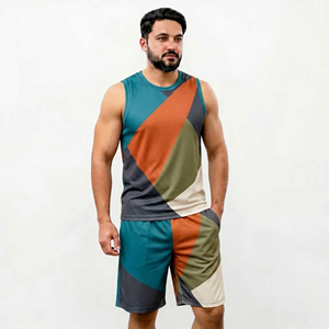 Conjunto de camiseta sin mangas y pantalones cortos con estampado geométrico para hombre, cuello en V, de secado rápido, tejido de poliéster, estilo deportivo, para verano. - Product Image 6