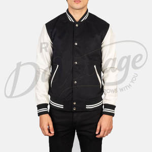 Blouson bomber varsity en laine noire pour homme avec manches en cuir véritable, poignets côtelés rayés, style classique Letterman, vêtement d'extérieur de style baseball - Product Image 3