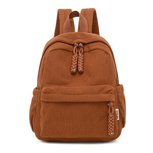 Sac à dos décontracté minimaliste en velours côtelé marron, sac d'école quotidien, sac à dos vintage avec poche avant et tirettes de fermeture éclair tressées - Product Image 2