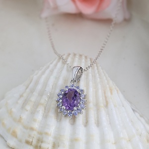 Natural Amethyst Birthstone Pendant <b>Necklace</b> in 925 <b>Sterling</b> <b>Silver</b> with Halo Design for <b>Women</b> - Product Image 2