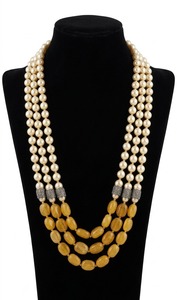 Luxury 3 Layer Pearl & Yellow Jade <b>Beaded</b> <b>Necklace</b> Handmade Gold Plated Statement Gemstone <b>Necklace</b> for Women Wedding - Product Image 3