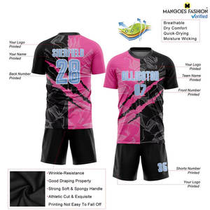 Uniforme de Fútbol Personalizado con Estampado de Grafiti Azul Claro, Negro y Rosa, Sublimado, Cuello en V Corto, Unisex, Transpirable - Product Image 5