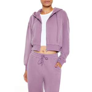 PUFFIN SPORTS Women's Hooded <b>Zip</b>-<b>Up</b> <b>Cropped</b> Sweatshirt Solid Color Full Sleeve Knitted Polyester Breathable Winter Lined Casual - Product Image 1
