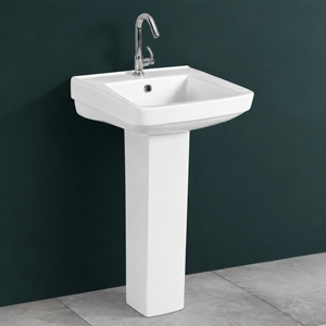 Juego de Lavabo Torus con Pedestal, Rectangular, Grifo Monomando, Diseño Minimalista, Acabado Cromado, Desagüe, Montaje en Suelo, para Baño - Product Image 3