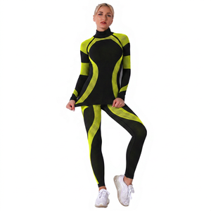 Ensemble de yoga imprimé, haut à col zippé à manches longues et legging taille mi-haute, deux pièces, extensible, respirant, avec dentelle sur le devant, pour le fitness - Product Image 3