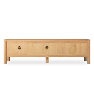 Meuble TV minimaliste en teck avec tiroir et porte coulissante, console multimédia moderne en bois, unité de divertissement pour salon - Product Image 2