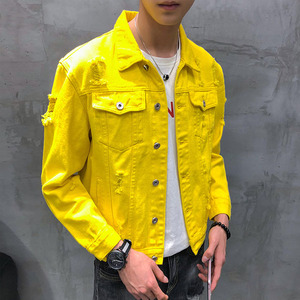 เสื้อแจ็คเก็ตยีนส์สีเหลืองสำหรับผู้ชาย สไตล์ลำลอง ขาดรุ่ย ปกเสื้อพับได้ ทรงปกติ ผ้าฝ้ายทอ ใส่ได้ในฤดูใบไม้ร่วง ติดกระดุมแถวเดียว - Product Image 4