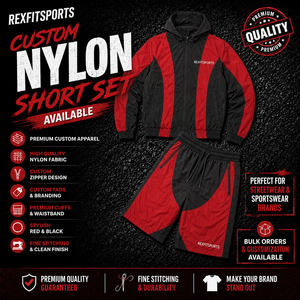 ชุดกันลมไนลอนสีแดงดำแบบสั่งทำพิเศษ REXFIT SPORTS 2026 เสื้อแจ็คเก็ตมีฮู้ดแบบซิปเต็มตัวและกางเกงขาสั้นมีซิป ชุดกีฬาแบบสั่งทำพิเศษ - Product Image 1
