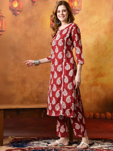 <b>Women</b> Red Floral Printed Rayon <b>Kurta</b> Set Regular Fit Knee-Length Traditional Style Casual Wear Quick Dry Spring Summer Autumn - Product Image 5