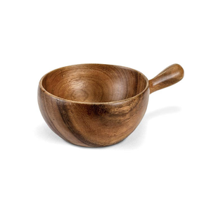 Plato Redondo Pequeño de Madera Suar de Grado Alimenticio con Asa, Color Marrón Claro, Trece Centímetros de Diámetro, Veinte Centímetros de Largo, Decoración Superior - Product Image 1