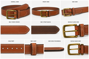 Ceinture pour homme en cuir de vachette de haute qualité, couleur or, avec boucle carrée en cuivre, double couture, tressée, 35 mm, texture fine, décontractée - Product Image 3