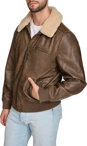 Blouson aviateur en cuir véritable marron pour homme, col rabattu, fermeture éclair, doublure en fausse fourrure, vêtement d'hiver - Product Image 2