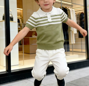 Green Striped Knitted Short Sleeve Polo Shirt Boys Casual Wear White Collar Eco-Friendly Breathable Compressed Polyester - Product Image 3