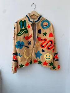Chaqueta de Terciopelo Boho Hecha a Mano para Mujer, con Motivos Occidentales Coloridos Bordados, Cuello Alto, Manga Larga, Chaqueta de Primavera para Mujer - Product Image 1