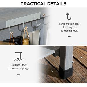 Tavolo da Giardinaggio in Legno Grigio con Lavello Rimovibile, Gancio per Tubo, Cassetto, Ripiani e Ganci - Product Image 6