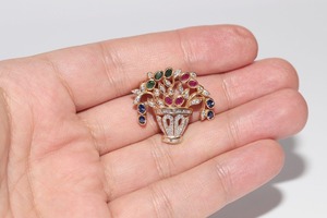 Broche vintage en or 14 carats avec diamants moissanite, émeraudes, saphirs et rubis, entièrement sertie de diamants moissanite sur argent 925, pour femmes et hommes - Product Image 3