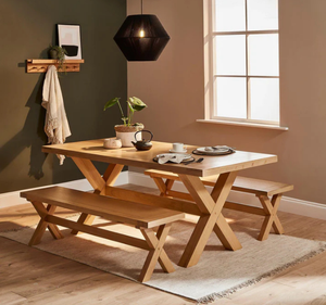 Ensemble de table de pique-nique et de salle à manger en teck massif Per Se Modern avec base en X et banc assorti, meubles de salle à manger en bois rustique - Product Image 1