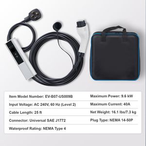 Cargador Portátil para Vehículos Eléctricos Nivel 2 con Cable de Carga de 25 pies, 40A/32A/24A/16A Ajustable, con Enchufe NEMA 14-50P - Product Image 3