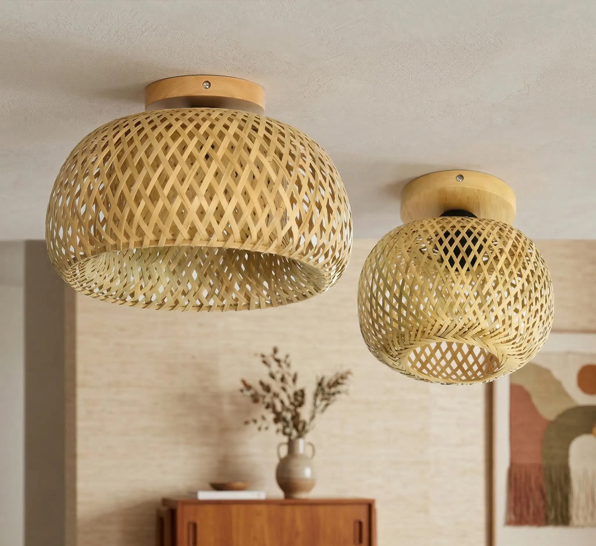 Handwoven Bamboo Ceiling Light Nordic Style Flush Mount Lamp Living Room Natural Woven Lighting Eco Friendly Supplier