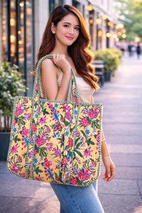 Sac fourre-tout matelassé en coton imprimé à la main, grand sac de week-end indien fait main, lavable - Product Image 2