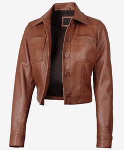 Women's Genuine Leather Trucker <b>Jacket</b> <b>Short</b> Crop Turn-Down Collar Full Sleeve Button Closure Solid Black - Product Image 6