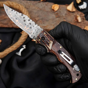 New Edition Copper Damascus Handmade Back <b>Lock</b> Folding Knife Stag Horn Rosewood Steel Bolster Handle Outdoor Hunting Knife - Product Image 2