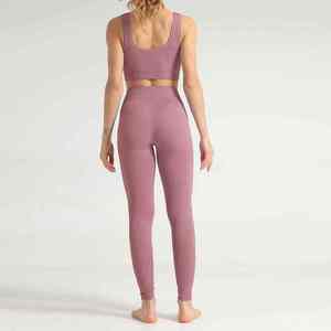 Conjunto de Yoga de 2 Piezas para Mujer, Top Corto Acanalado, Leggings de Cintura Media, Color Sólido, Sin Costuras, Spandex, Sin Mangas, Transpirable, para Ejercicio Físico - Product Image 3