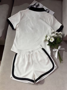 Women White Two-Piece Sporty Set Short Sleeve Turn-down Collar Top High Waist Shorts Solid Color Breathable Side Stripe - Product Image 4