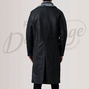 Manteau long en cuir véritable noir pour homme avec doublure en fourrure grise, chaud pour l'hiver, coupe ajustée, en peau de mouton - Product Image 3