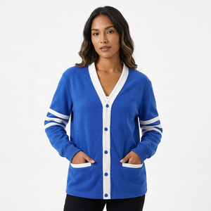 <b>Women's</b> Blue V-Neck <b>Cardigan</b> with <b>White</b> Trim and Pockets Full Sleeve Knitted Sweater Vintage Winter Standard Thickness - Product Image 1