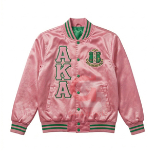 Chaqueta bomber de satén rosa transpirable para mujer, estilo griego, personalizada, y chaqueta bomber de punto con bordado para mujer. - Product Image 1