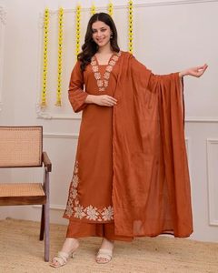 Pure Cotton Embroidered <b>Kurta</b> Set for Women Rust Orange <b>Kurta</b> with Pants & Dupatta Floral Neck & Hem Embroidery - Product Image 1