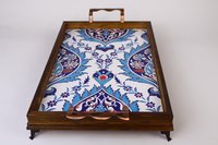 Plateau de service en bois de style marocain fait main avec décorations en carreaux émaillés, motif floral bleu et blanc, plateau décoratif en solde