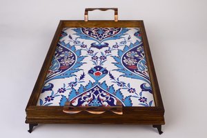 Handmade Moroccan Style Wooden Serving Tray With Enamels Tile Decoration Blue And White Floral Pattern Decorative Platter Sale - Product Image 2