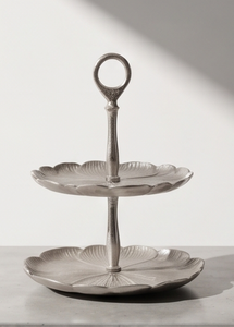 Premium Silver Metal 2 <b>Tier</b> <b>Cake</b> <b>Stand</b> with Ring Handle Botanical Style Pedestal Base Pastry Cupcake Display Tray - Product Image 2