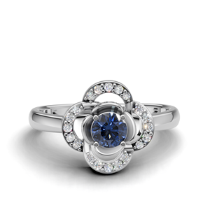 Bague de fiançailles de luxe en or blanc/rose et or jaune 18 carats avec saphir bleu floral et pierres précieuses, saphir rond, design de créateur - Product Image 1